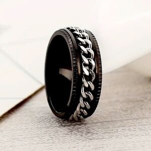 Black Ring with Silver Tone Chain Punk Rock Biker Motorcycle Gothic Goth
